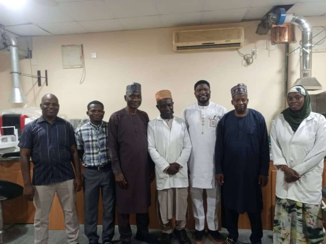 The Chairman, Alpha Helix Foundation, Dr Mohammed LawalBuga(3rd from left) during a working visit to the Chemistry Laboratory of the Nigerian Institute of Mining and Geosciences, Jos