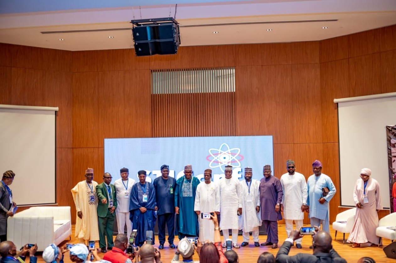 The Chairman, Alpha Helix Foundation (1st from left) Dr Mohammed Lawal Buga in a Group Photograph with the Dignitaries, led by the Permanent Secretary, Federal Ministry of Innovation, Science and Technology (FMIST)during the Formal Opening of the 2nd International Conference on Science, Technology and Innovation (STICONF 2026) held at the TY Danjuma Foundation, Abuja